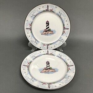 Stoneware Light House Sailboats White Blue Salad Plates 7 5/8" Lot of 2